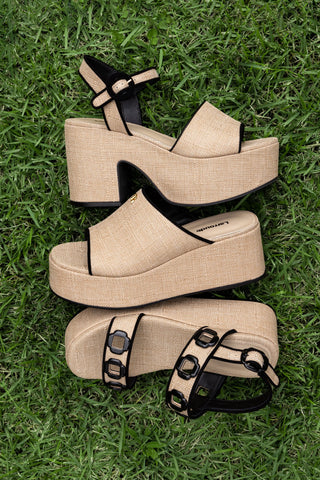 Flatform Milan Ráfia Bege e Camurça Preto Sandal Larroudé