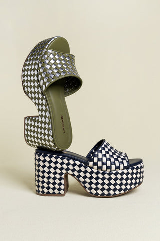 Mule Plataforma Miso Couro Verde e Couro Prateado Sandal Larroudé
