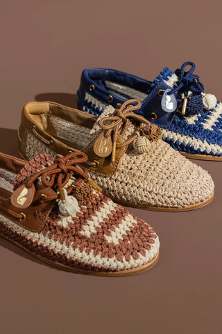 Mocassim Boat Shoe Cyprus Crochê Natural e Couro Marrom Loafer Larroudé