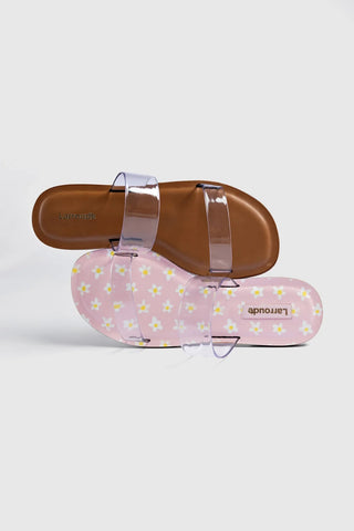 Flat Gabe Vinil Transparente e Couro Caramelo Flat Sandal Larroudé