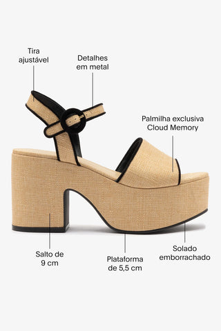 Sandália Plataforma Miso Ráfia Bege e Camurça Preto Sandal Larroudé