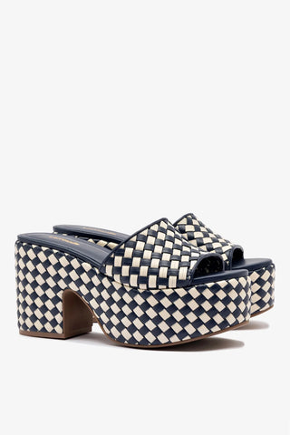 Mule Plataforma Miso Couro Azul e Couro Off White Sandal Larroudé