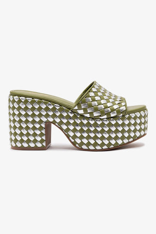 Mule Plataforma Miso Couro Verde e Couro Prateado Sandal Larroudé