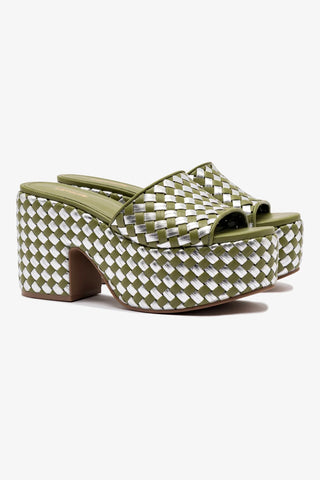 Mule Plataforma Miso Couro Verde e Couro Prateado Sandal Larroudé