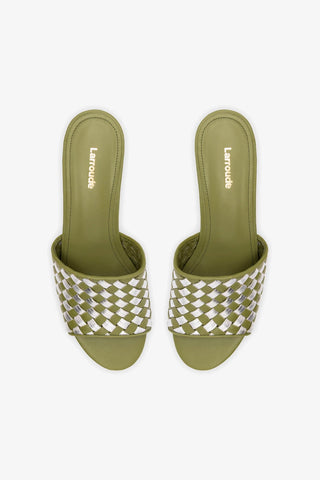 Mule Plataforma Miso Couro Verde e Couro Prateado Sandal Larroudé