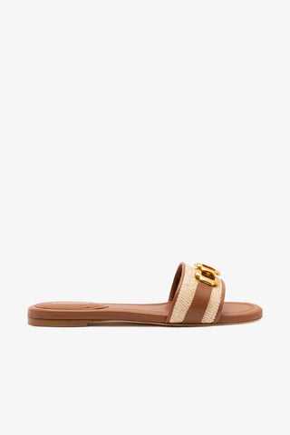 Flat Franca Ráfia Natural e Couro Caramelo Flat Sandal Larroudé
