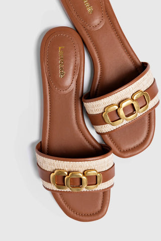 Flat Franca Ráfia Natural e Couro Caramelo Flat Sandal Larroudé