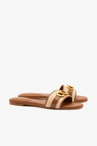Flat Franca Ráfia Natural e Couro Caramelo Flat Sandal Larroudé