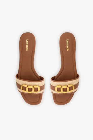 Flat Franca Ráfia Natural e Couro Caramelo Flat Sandal Larroudé