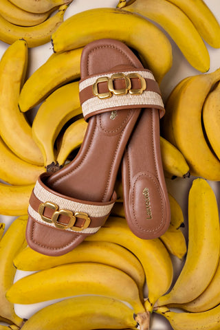 Flat Franca Ráfia Natural e Couro Caramelo Flat Sandal Larroudé