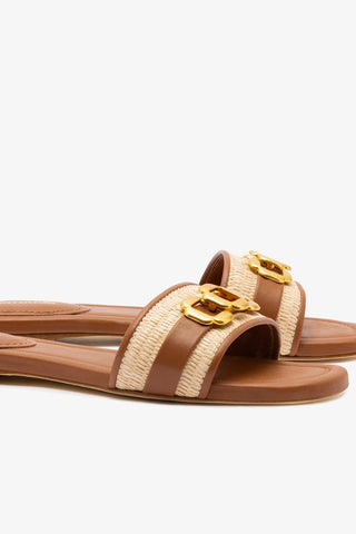 Flat Franca Ráfia Natural e Couro Caramelo Flat Sandal Larroudé