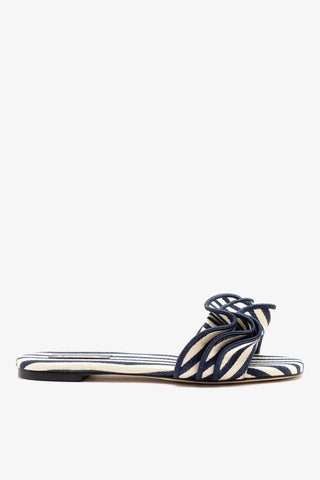 Flat Ivy Lona Listrado Azul e Babados Flat Larroudé