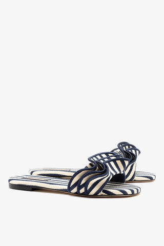 Flat Ivy Lona Listrado Azul e Babados Flat Larroudé