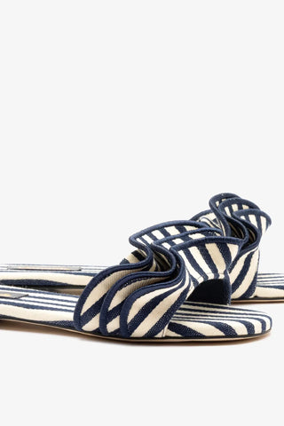 Flat Ivy Lona Listrado Azul e Babados Flat Larroudé