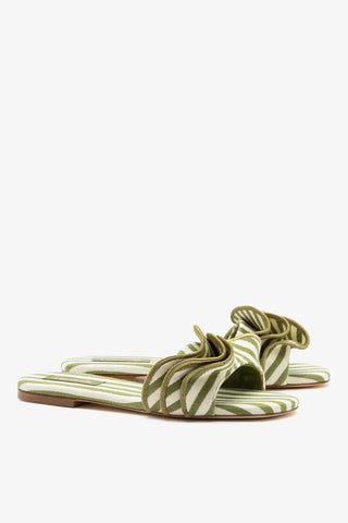 Flat Ivy Lona Listrado Verde e Babados Flat Larroudé