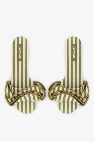 Flat Ivy Lona Listrado Verde e Babados Flat Larroudé