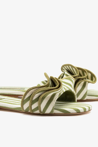 Flat Ivy Lona Listrado Verde e Babados Flat Larroudé