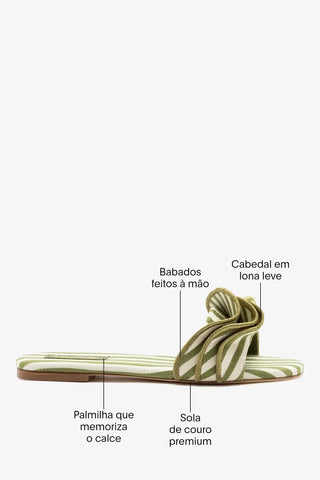 Flat Ivy Lona Listrado Verde e Babados Flat Larroudé