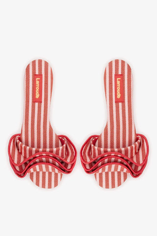 Flat Ivy Lona Listrado Vermelho e Babados Flat Larroudé