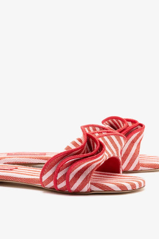 Flat Ivy Lona Listrado Vermelho e Babados Flat Larroudé