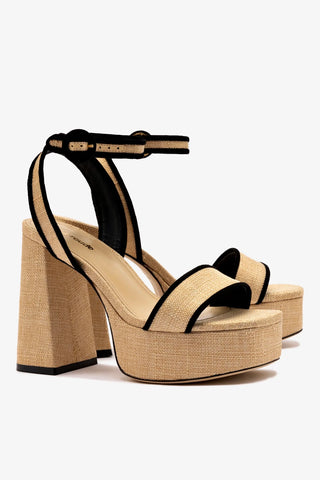 Sandália Dolly Ráfia Bege e Camurça Preto Sandal Larroudé