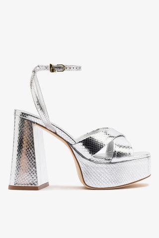 Sandália Plataforma Dolly X Couro Cobra Prateado Sandal Larroudé