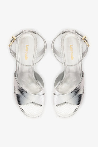 Sandália Plataforma Dolly X Couro Cobra Prateado Sandal Larroudé