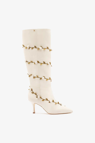 Larroudé x Tanner Fletcher: Bota Kate Mid Rose Vines Couro Off White Boot Larroudé x Tanner Fletcher
