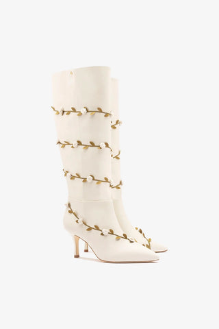 Larroudé x Tanner Fletcher: Bota Kate Mid Rose Vines Couro Off White Boot Larroudé x Tanner Fletcher