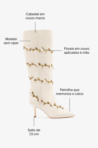 Larroudé x Tanner Fletcher: Bota Kate Mid Rose Vines Couro Off White Boot Larroudé x Tanner Fletcher