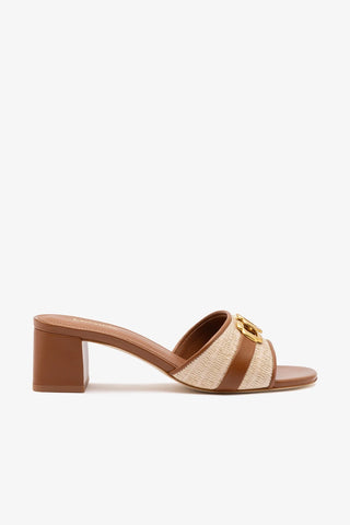 Mule Franca Ráfia Natural e Couro Caramelo Sandal Larroudé