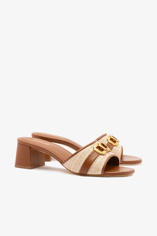 Mule Franca Ráfia Natural e Couro Caramelo Sandal Larroudé