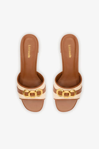 Mule Franca Ráfia Natural e Couro Caramelo Sandal Larroudé