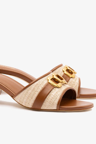 Mule Franca Ráfia Natural e Couro Caramelo Sandal Larroudé