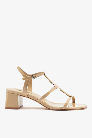 Sandália Salto Bloco Hana Couro Verniz Bege Sandal Larroudé