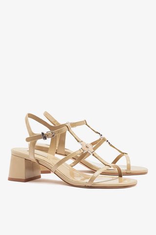 Sandália Salto Bloco Hana Couro Verniz Bege Sandal Larroudé