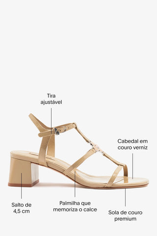 Sandália Salto Bloco Hana Couro Verniz Bege Sandal Larroudé
