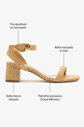Sandália Salto Bloco Verona Ráfia Natural e Couro Bege Sandal Larroudé