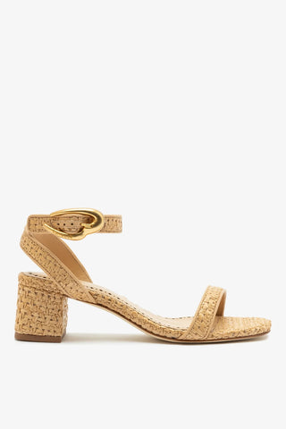 Sandália Salto Bloco Verona Ráfia Natural e Couro Bege Sandal Larroudé
