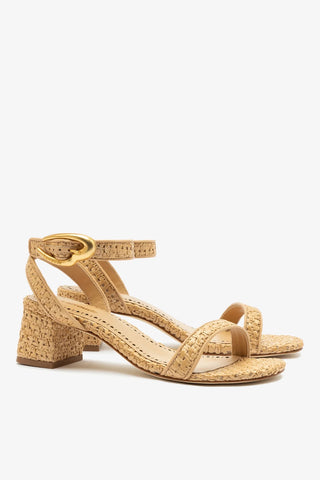 Sandália Salto Bloco Verona Ráfia Natural e Couro Bege Sandal Larroudé
