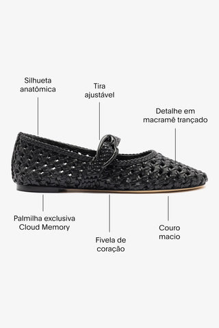 Sapatilha Verona New Macramê Couro Preto Ballerina Larroudé