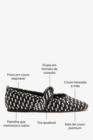 Sapatilha Verona Macramê Couro Preto e Branco Ballerina Larroudé