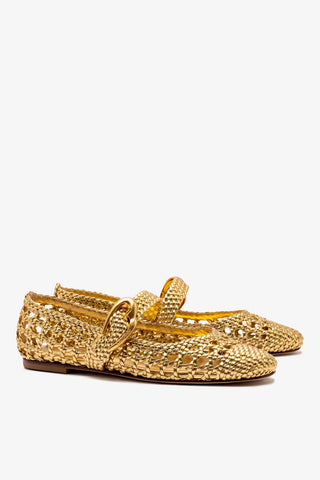 Sapatilha Verona Macramê Couro Dourado Ballerina Larroudé