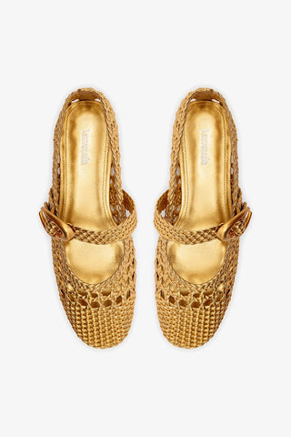 Sapatilha Verona Macramê Couro Dourado Ballerina Larroudé