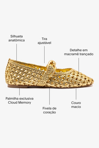 Sapatilha Verona New Macramê Couro Dourado Ballerina Larroudé