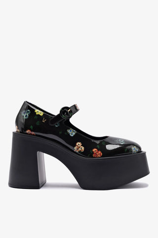 Larroudé x Libertine: Scarpin Plataforma Olivia Couro Verniz Estampado Preto Pump Larroudé x Libertine