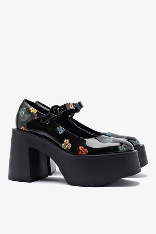 Larroudé x Libertine: Scarpin Plataforma Olivia Couro Verniz Estampado Preto Pump Larroudé x Libertine