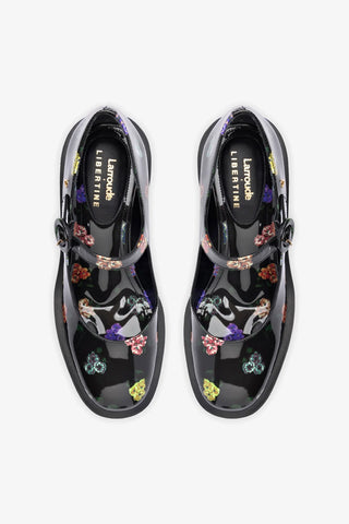 Larroudé x Libertine: Scarpin Plataforma Olivia Couro Verniz Estampado Preto Pump Larroudé x Libertine