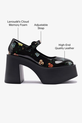 Larroudé x Libertine: Scarpin Plataforma Olivia Couro Verniz Estampado Preto Pump Larroudé x Libertine