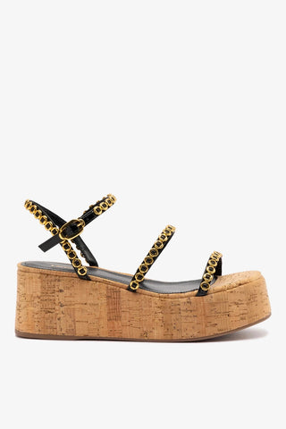 Flatform Gio Milanina Couro Verniz Preto e Cortiça Sandal Larroudé
